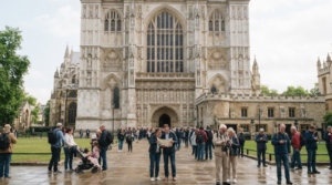 professional architectural travel photograph of Westminster Abbey in London, magnificent Gothic stone architecture, detailed historic façade