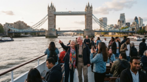 professional travel photograph from a sightseeing boat on the River Thames in London, Tower Bridge and historic city skyline visible