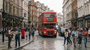 premium travel photograph of a classic red London double-decker bus traveling through a historic Central London street, diverse random international tourists naturally walking nearby, traditional British architecture