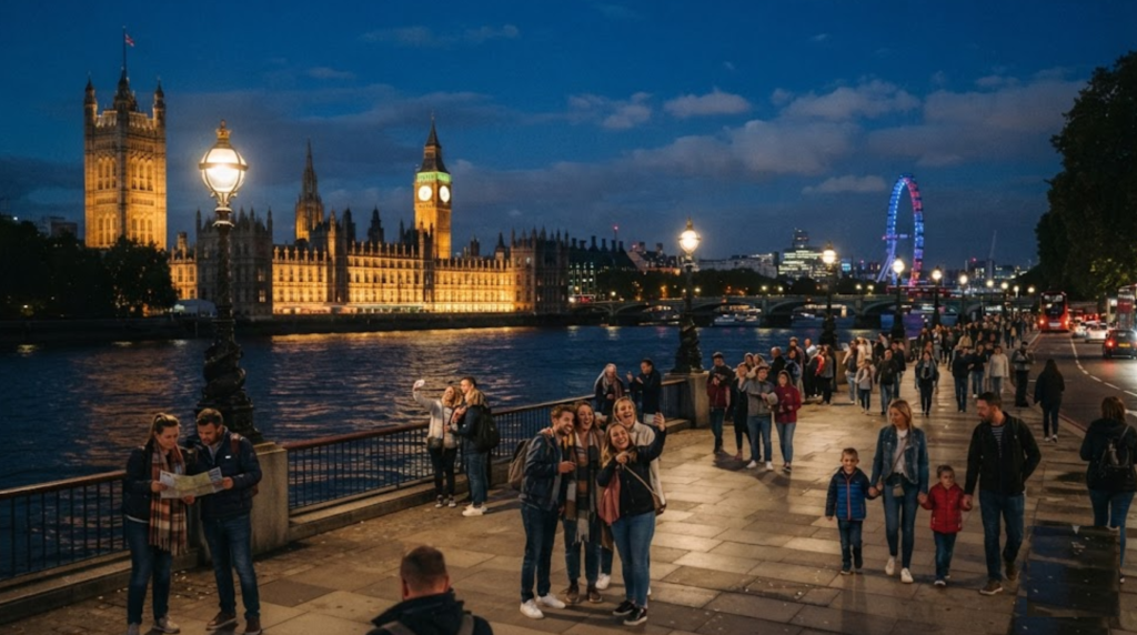 photograph of London at night, illuminated historic buildings and River Thames waterfront, city lights reflecting on the water,