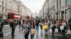 premium lifestyle travel photograph of a busy London shopping street, elegant historic buildings,