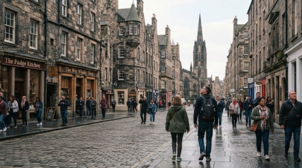 photograph of the Royal Mile in Edinburgh, Scotland, historic medieval stone buildings and narrow closes lining the street