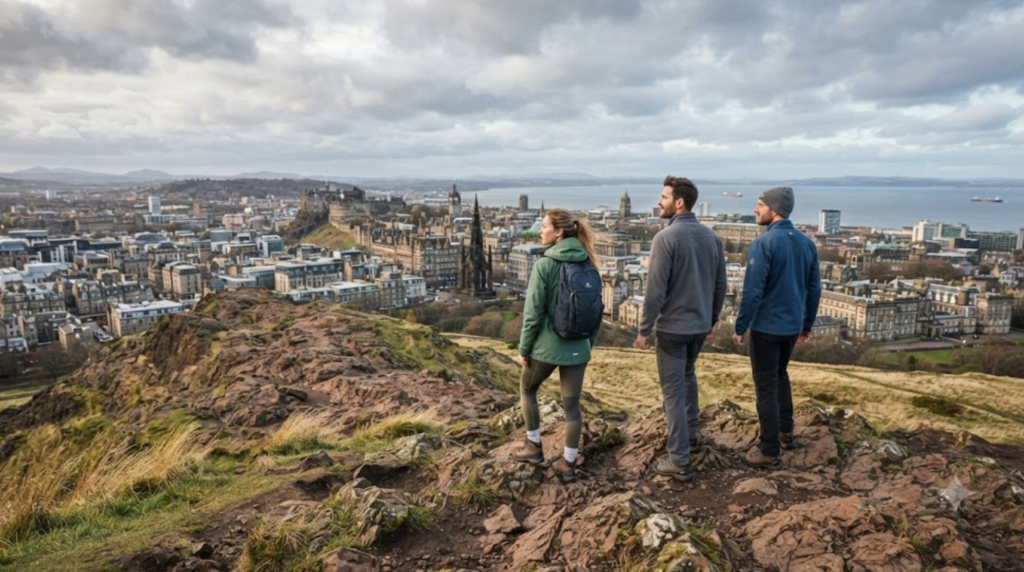 travel photograph of real adult hikers reaching the summit area of Arthur's Seat in Edinburgh