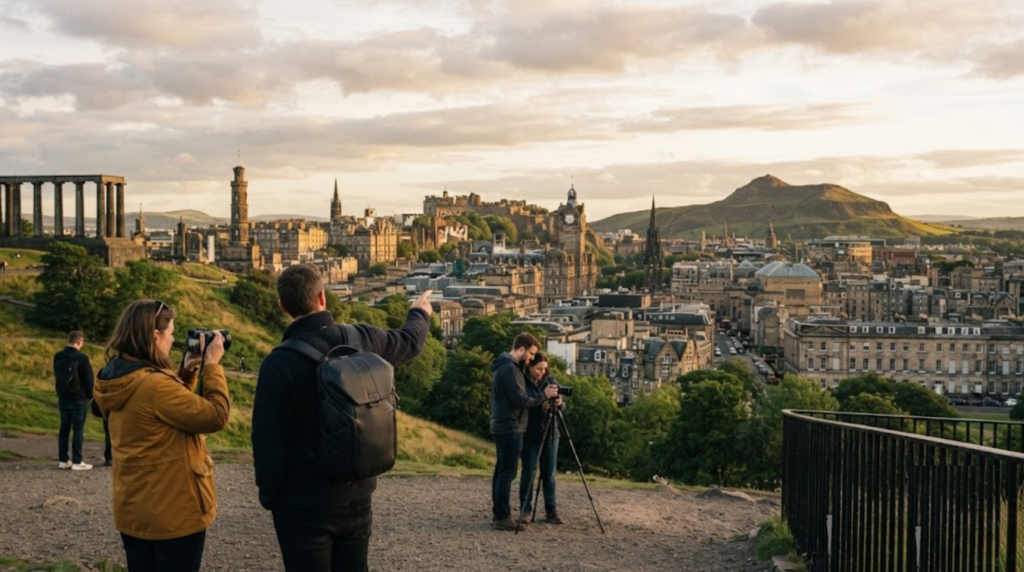 travel photograph from Calton Hill in Edinburgh, Scotland, panoramic view over Edinburgh city with historic Old Town,