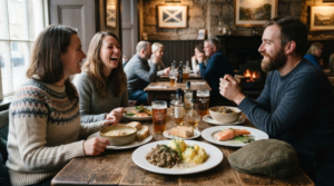 professional culinary travel photograph inside an authentic Edinburgh restaurant, real adult travellers enjoying a traditional Scottish meal at a wooden table,