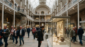 travel photograph inside National Museum of Scotland in Edinburgh, real adult visitors naturally exploring exhibits, grand historic interior architecture