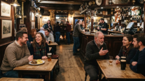 lifestyle photograph inside a traditional Edinburgh pub, Scotland, real adult travellers and local residents naturally chatting around wooden tables, authentic dark wood interior,