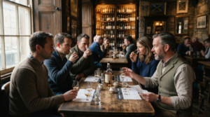 lifestyle photograph inside an elegant but authentic Edinburgh whisky bar, real adult travellers participating in a Scottish whisky tasting with a knowledgeable local host
