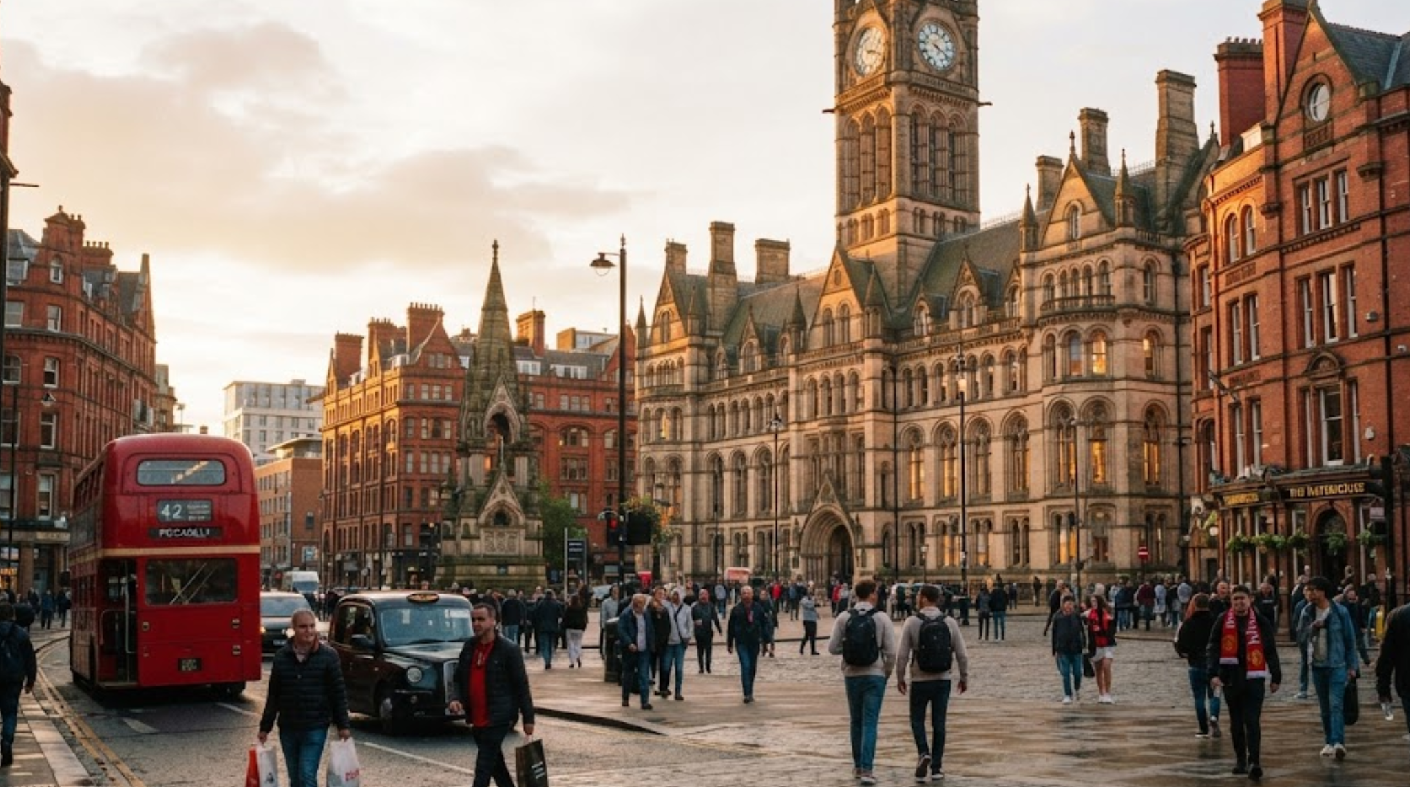 photograph of Manchester, England at golden hour, iconic Manchester city skyline with modern buildings and historic red-brick architecture