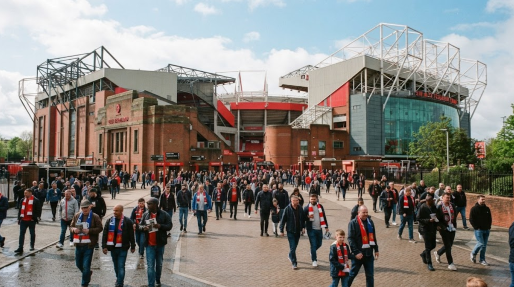 travel photograph of Old Trafford football stadium in Manchester, England, exterior view on a bright atmospheric day