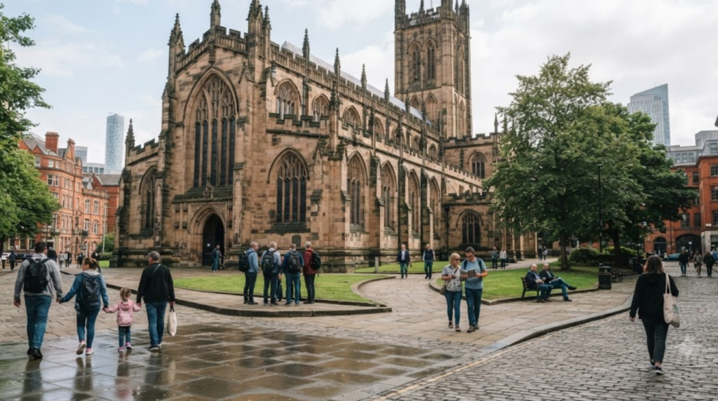 Manchester Cathedral in England, detailed Gothic architecture, historic stone facade, visitors naturally exploring the surrounding area
