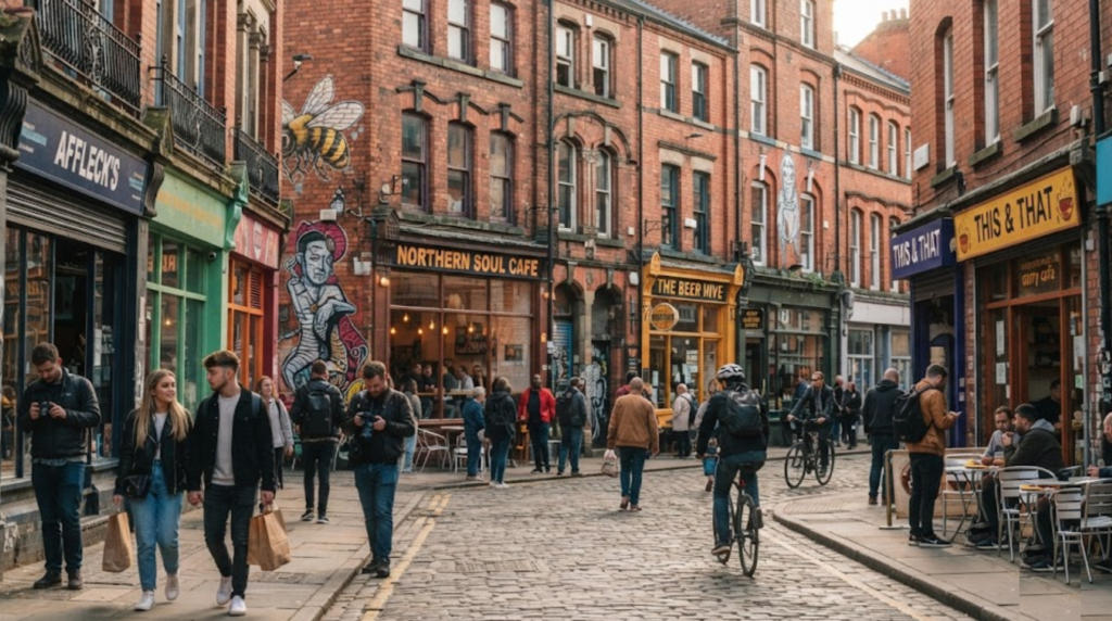 Manchester Northern Quarter, historic red-brick buildings, colourful independent shops, cafes, authentic street art,