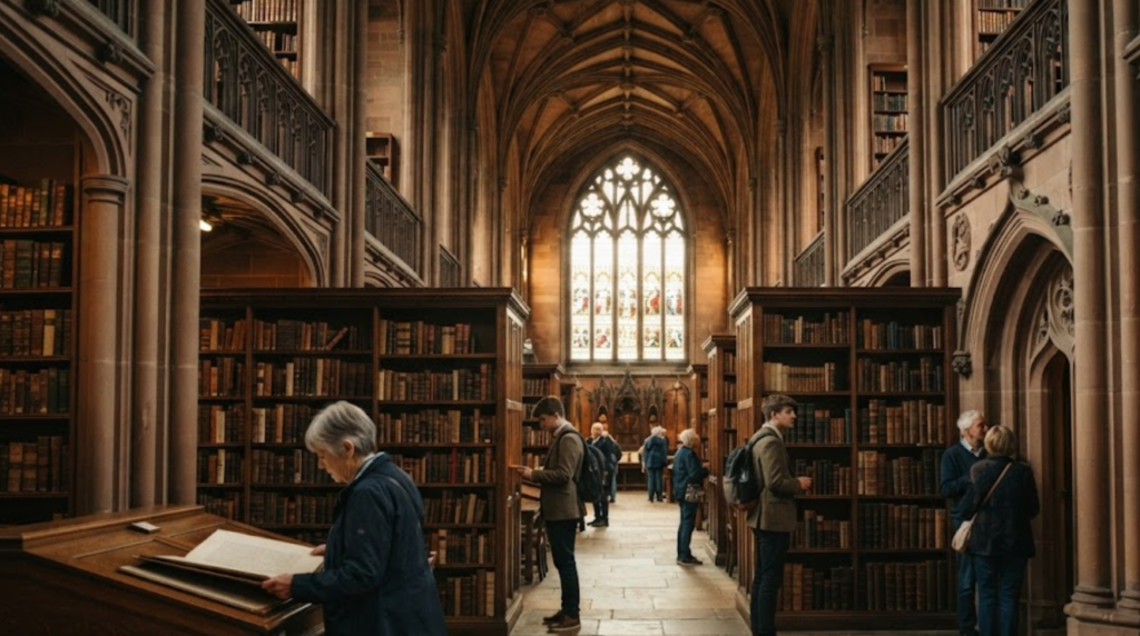 John Rylands Library in Manchester, dramatic Neo-Gothic reading room architecture,