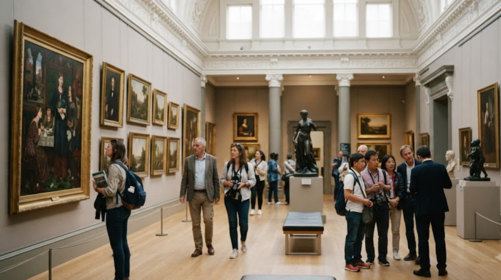 photograph inside Manchester Art Gallery, elegant historic interior, art displays and visitors naturally viewing artworks, diverse random international tourists, refined cultural atmosphere,