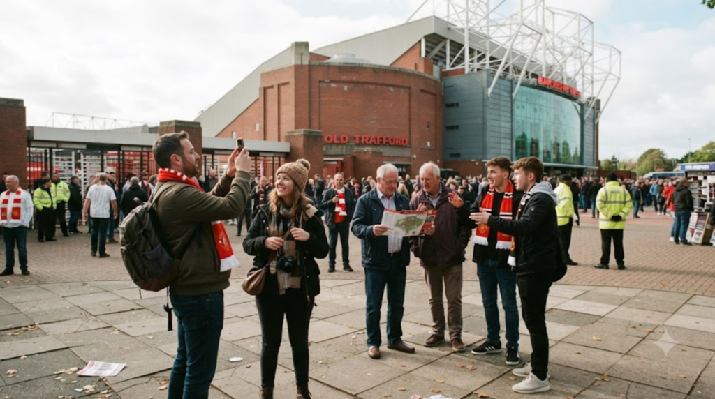 travel photograph of diverse random football tourists experiencing Manchester's football culture, stadium exterior in the background,