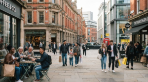 photograph of diverse random tourists shopping and enjoying cafes in central Manchester, stylish British streetscape, historic and modern architecture,