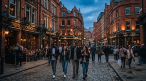 travel photograph of Manchester city centre at evening, historic red-brick buildings illuminated naturally, restaurants and entertainment streets
