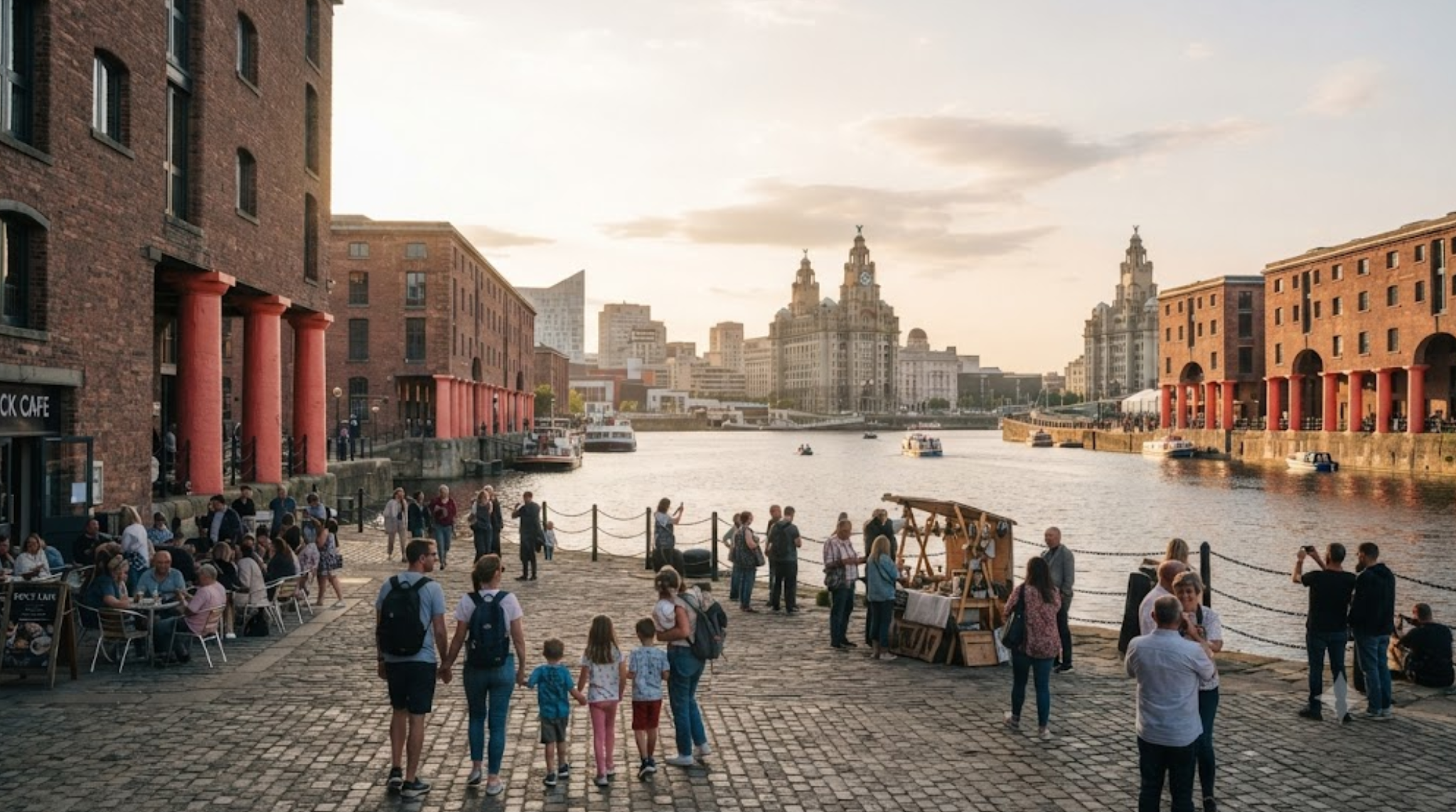 Royal Albert Dock in Liverpool, England, historic red-brick warehouse buildings surrounding the waterfront,