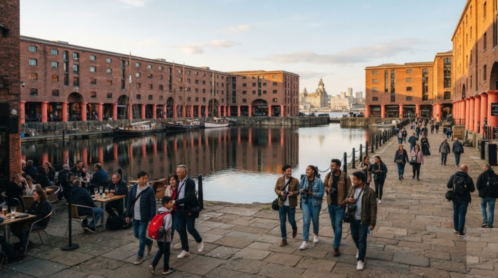 photograph of Liverpool, England at golden hour, iconic Liverpool waterfront with Royal Albert Dock,