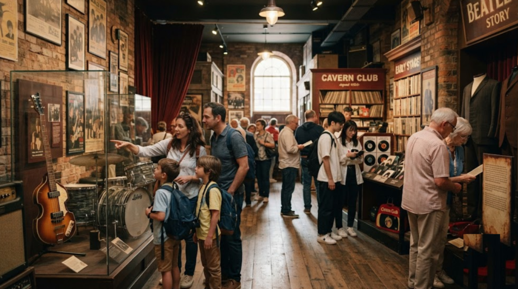 photograph of a Beatles-themed music heritage museum in Liverpool, immersive historic music exhibition,