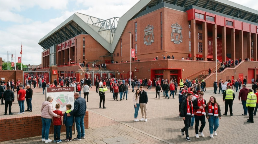 premium travel photograph of Anfield Stadium in Liverpool, England, impressive football stadium exterior, diverse random football tourists exploring the surroundings, authentic sporting atmosphere