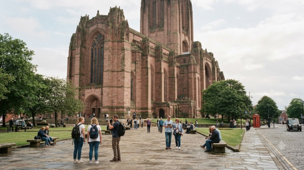 travel photograph of Liverpool Cathedral, England, monumental Gothic architecture, detailed stone facade