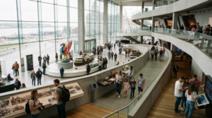 Museum of Liverpool, modern architectural interior with cultural and historical exhibits, diverse random international tourists exploring the museum,