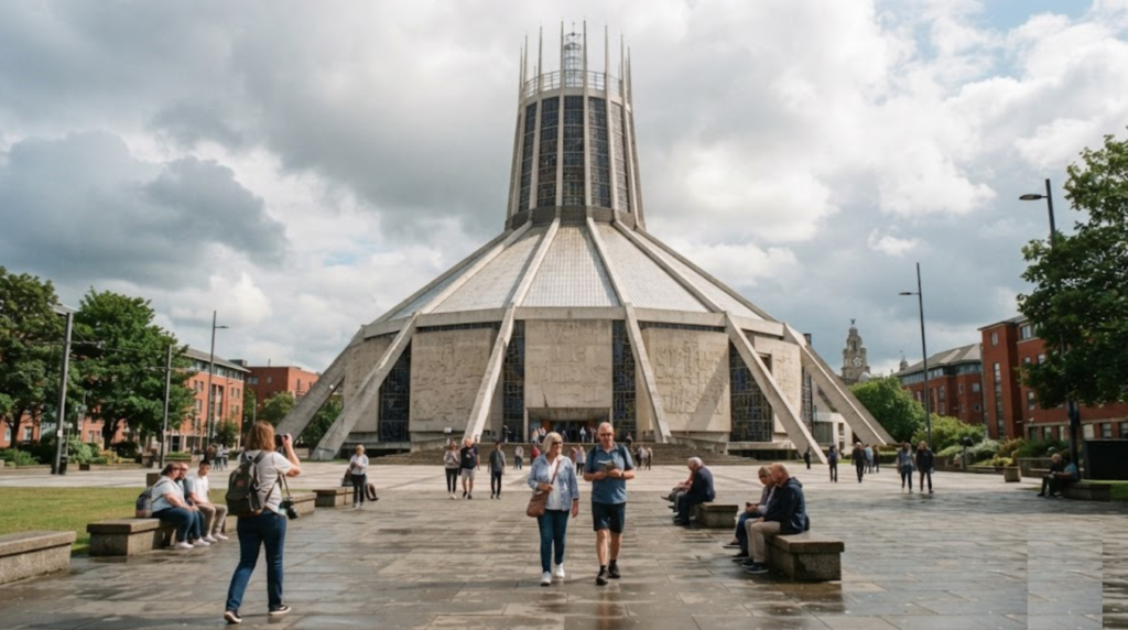 Liverpool Metropolitan Cathedral exterior, distinctive modern circular architecture,