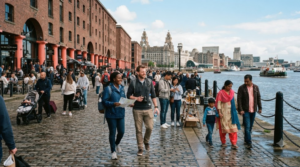 travel photograph of diverse random international tourists exploring Liverpool waterfront,