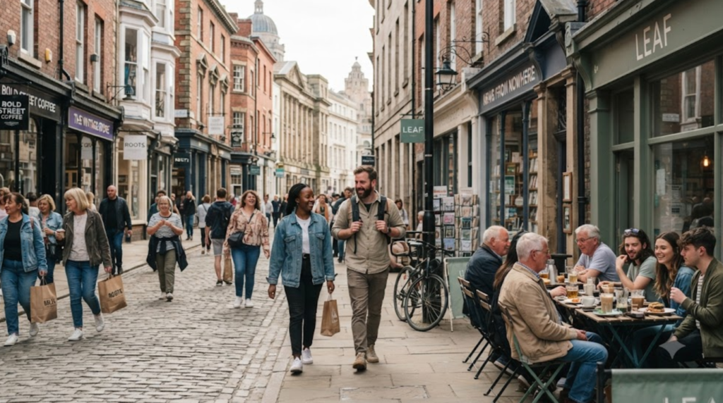 lifestyle travel photograph of diverse random tourists shopping and enjoying cafes in Liverpool city centre, attractive British architecture, independent shops and restaurants, authentic pedestrians, natural daylight
