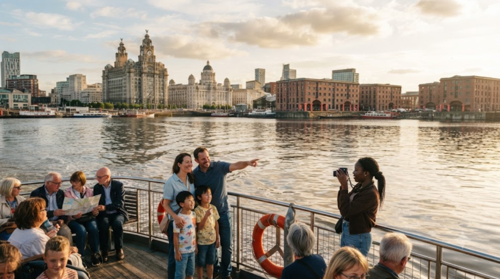 River Mersey sightseeing cruise, Liverpool waterfront and historic Royal Albert Dock visible from the water,