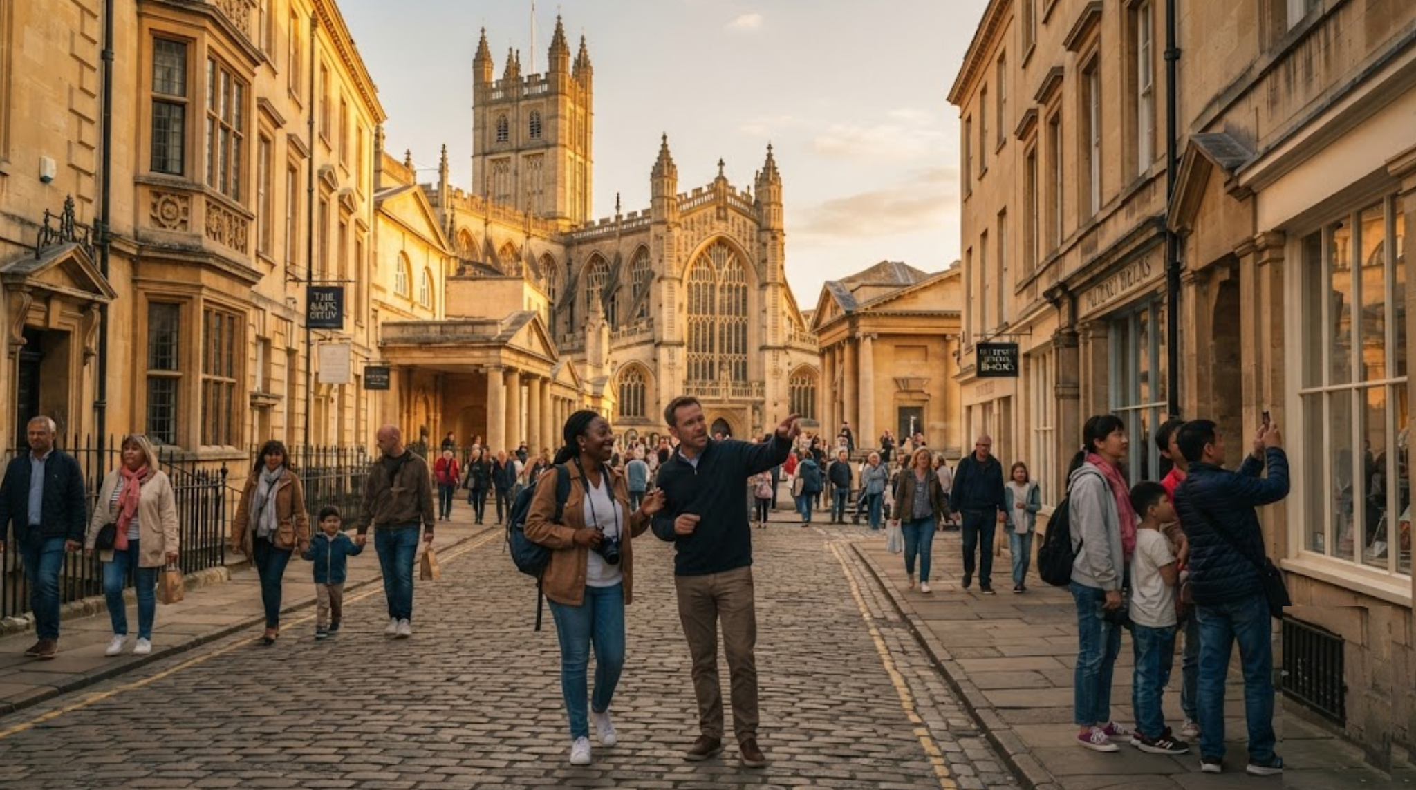 premium travel photograph of Bath, England at golden hour, iconic historic Bath cityscape featuring elegant honey-colored Georgian architecture,