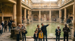 travel photograph of the Roman Baths in Bath, England, ancient Roman stone architecture and historic thermal bath complex,