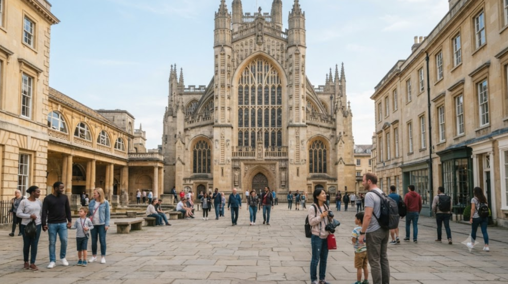 travel photograph of Bath Abbey in England, magnificent Gothic stone architecture, historic city square,