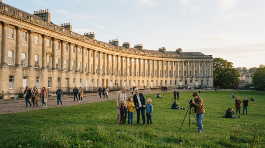 travel photograph of Royal Crescent in Bath, England, iconic sweeping Georgian terrace built from honey-colored Bath stone, green landscaped lawn in front