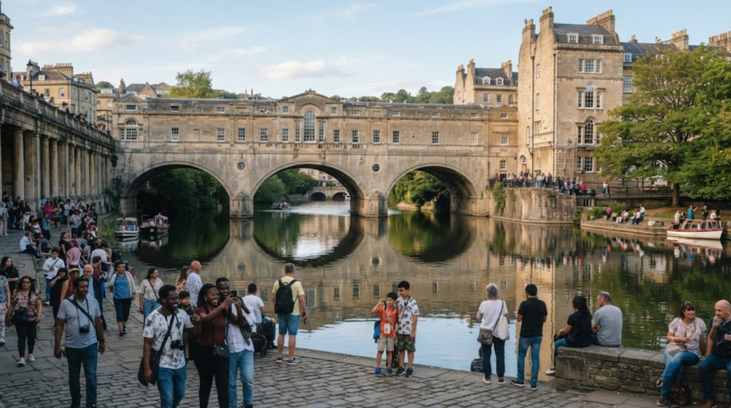 travel photograph of Pulteney Bridge in Bath, England, elegant historic stone bridge crossing the River Avon