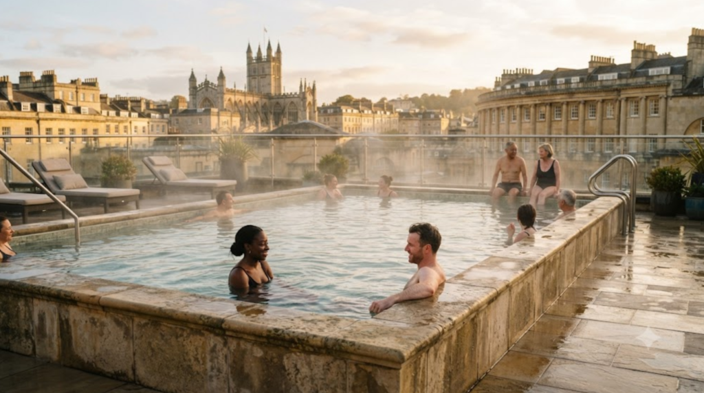 travel photograph of a luxurious rooftop thermal spa in Bath, England, warm natural steam rising from an elegant outdoor pool