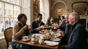 lifestyle travel photograph of diverse random adult tourists enjoying traditional British afternoon tea in an elegant Bath café,