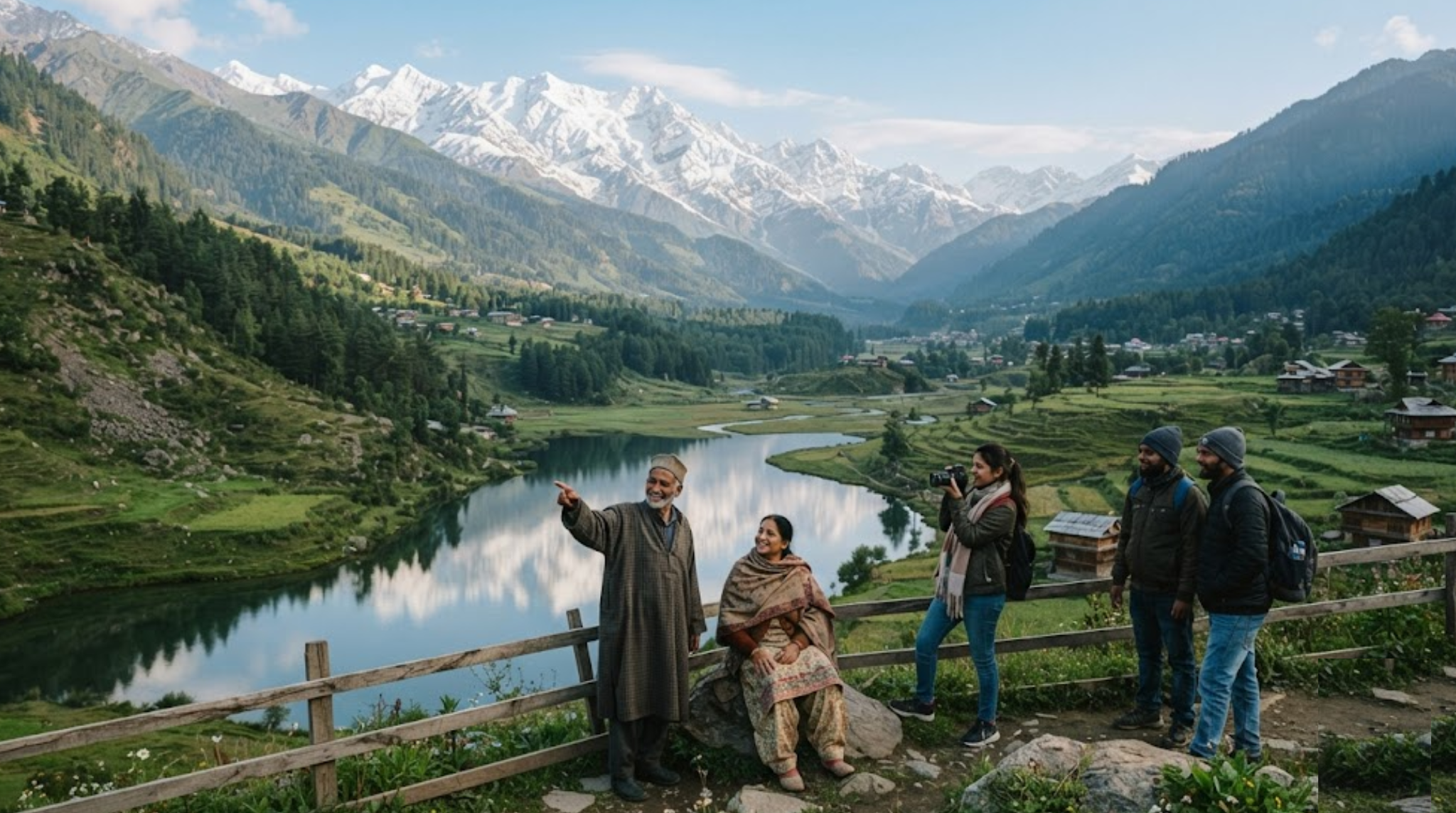 travel photograph of Kashmir, India, featuring a breathtaking Himalayan valley with snow-capped mountains, a calm alpine lake, lush green slopes and a traditional Kashmiri landscape