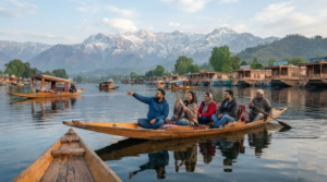 travel photograph of Dal Lake in Srinagar, Kashmir, with traditional wooden Shikaras floating peacefully across calm water