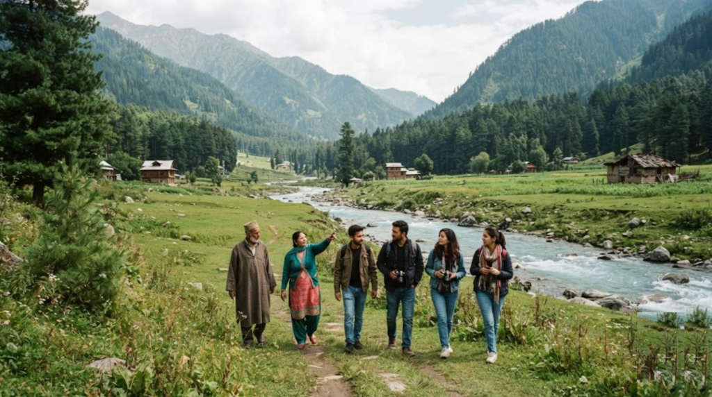 photograph of Pahalgam, Kashmir, showing a lush green Himalayan valley surrounded by pine-covered mountains, a clear mountain river flowing through the landscape and traditional local scenery.