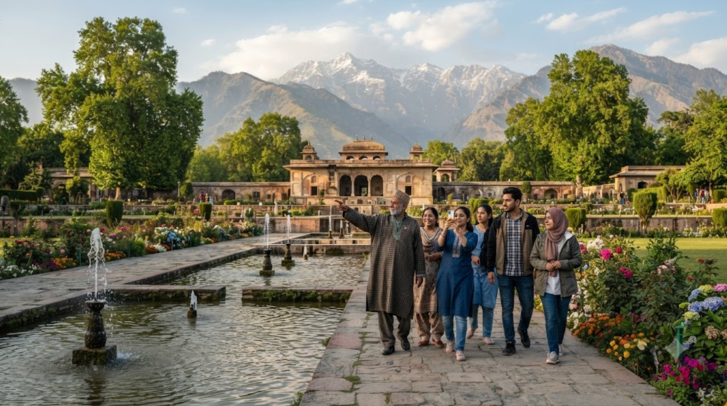 travel photograph of a historic Mughal garden in Srinagar, Kashmir, featuring symmetrical terraces, traditional fountains,