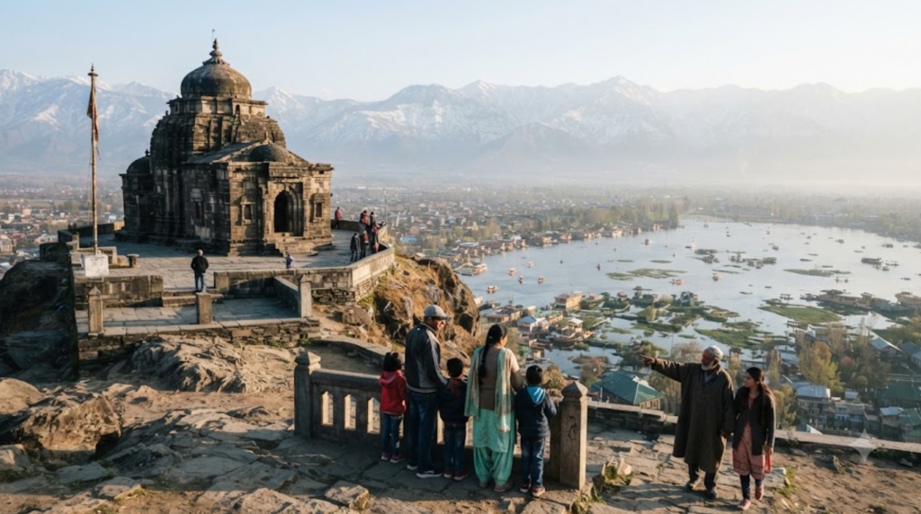 photograph showing the historic Shankaracharya Temple on a hill above Srinagar, Kashmir, with sweeping panoramic views of Dal Lake