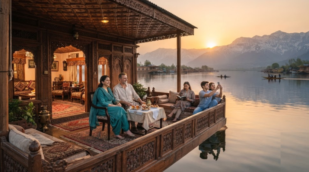premium travel photograph of a traditional Kashmiri houseboat on Dal Lake at sunrise, with random diverse Indian travellers relaxing on the deck,