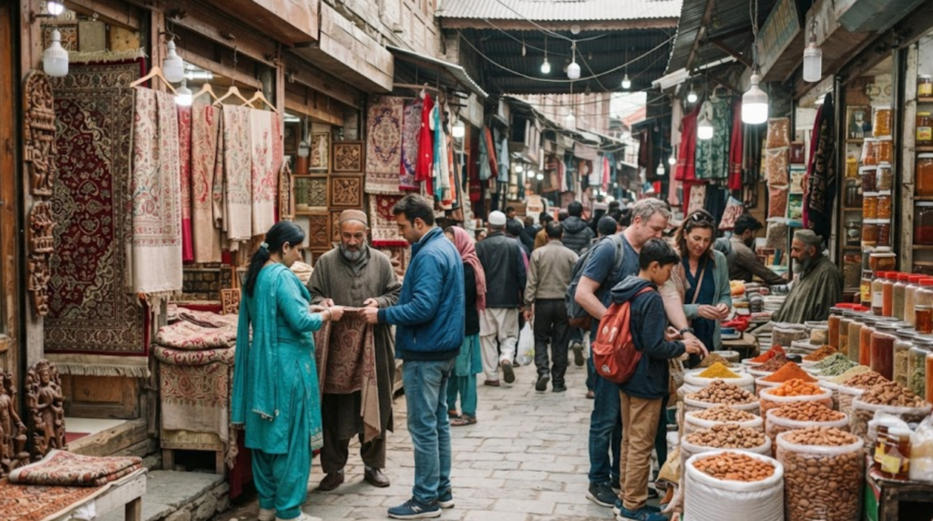 travel photograph of a vibrant traditional Kashmiri market with random diverse Indian tourists exploring local handicrafts, dry fruits