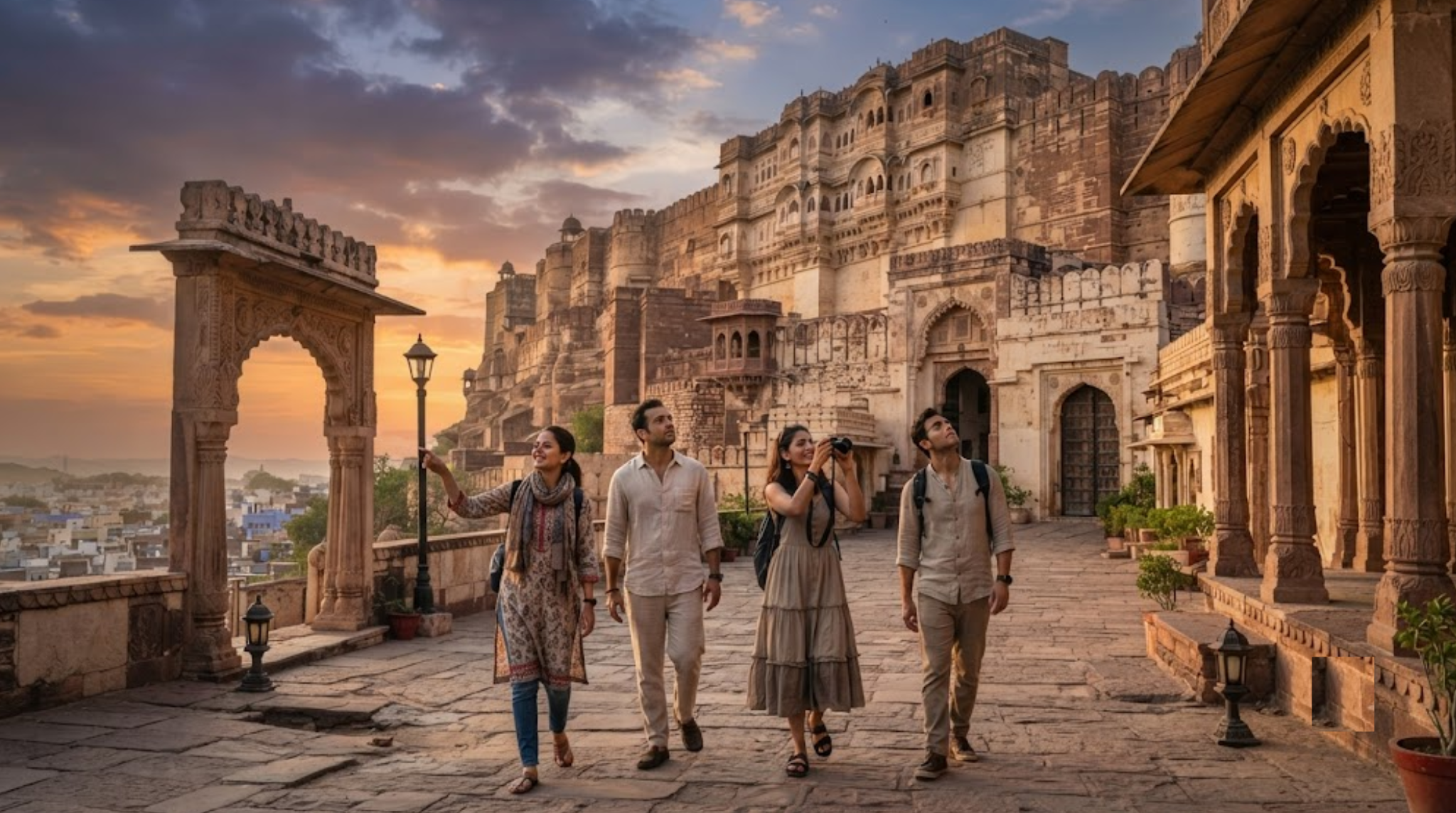 hyper-realistic travel photograph of Rajasthan, India, showcasing an impressive royal heritage landscape with a majestic historic fort,
