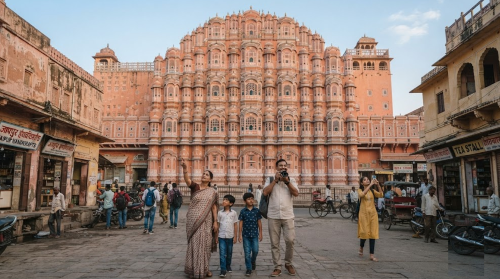 treet-level travel photograph of Hawa Mahal in Jaipur, Rajasthan, showing the complete historic pink sandstone façade with authentic surrounding old-city streets.