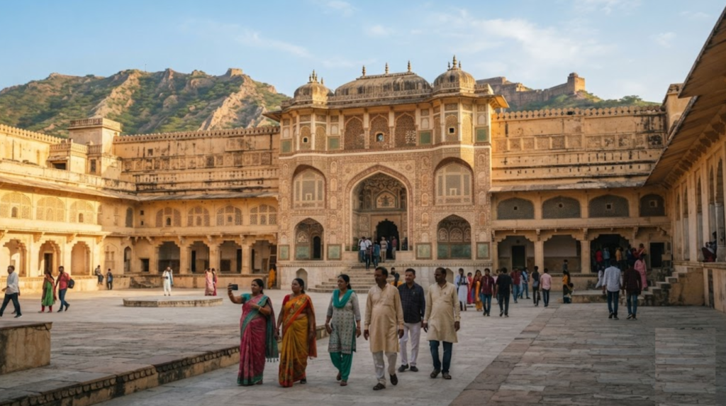 travel photograph of Amber Fort in Jaipur, Rajasthan, showcasing its grand sandstone and traditional architectural details rising against the Aravalli hills