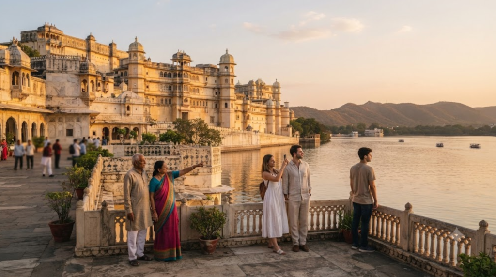hyper-realistic premium travel photograph of City Palace in Udaipur, Rajasthan, overlooking Lake Pichola with traditional palace architecture, surrounding hills and calm lake water.
