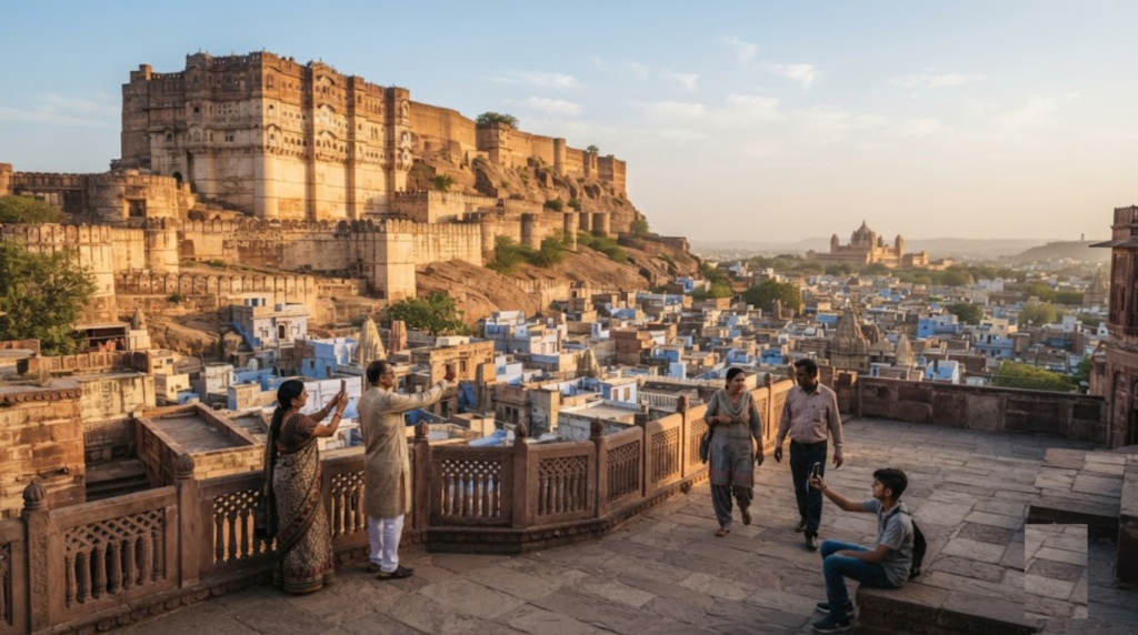 travel photograph of Mehrangarh Fort overlooking Jodhpur, Rajasthan, with the historic fort dominating the landscape and the famous blue-painted houses of the city stretching into the distance.